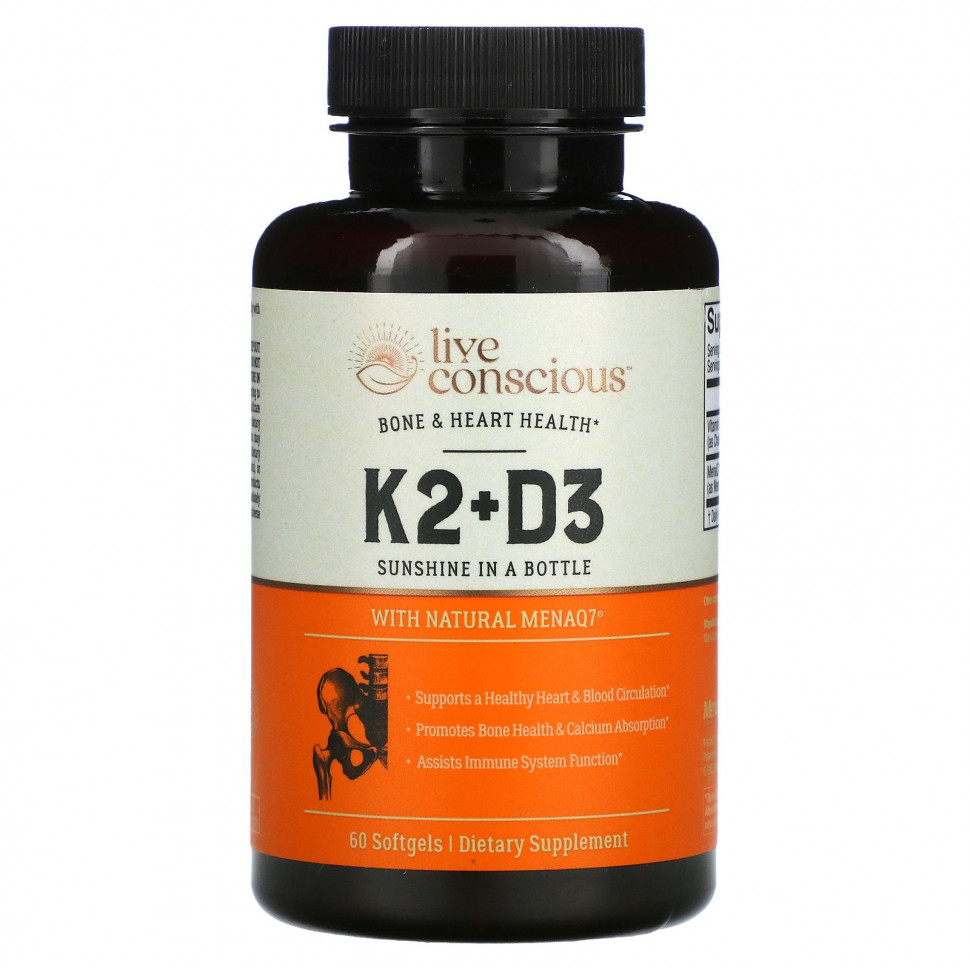 Live Conscious, K2 + D3, здоровье костей и сердца, 60 мягких таблеток LVS-27302