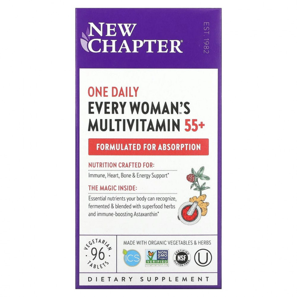 New Chapter, 55+ Every Woman's One Daily, витаминный комплекс на основе цельных продуктов для женщин старше 55 лет, 96 вегетарианских таблеток Нью Чэптэ NCR-90176