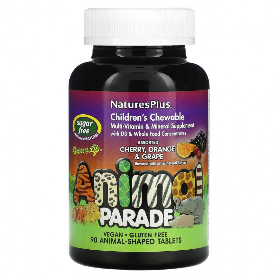 NaturesPlus, Source of Life, Animal Parade, детские жевательные мультивитамины и минералы, различные натуральные ароматизаторы, 90 таблеток в форме животных Натурес Плюс NAP-29918