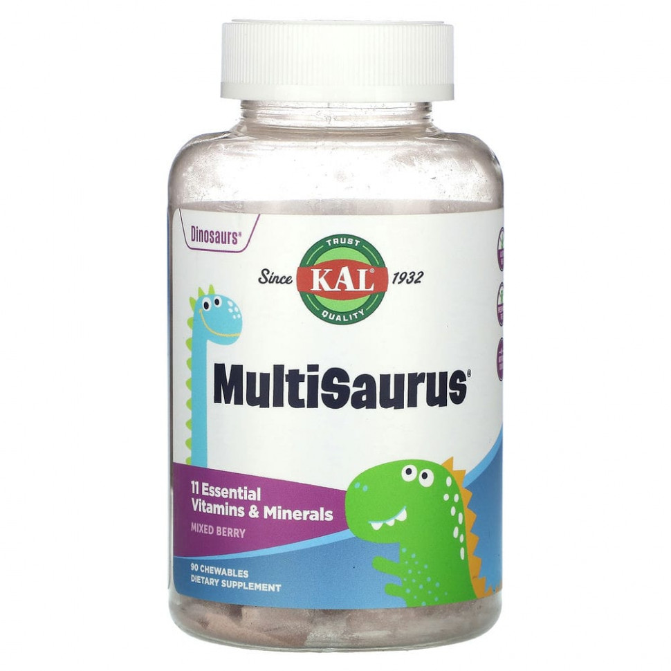 KAL, Dinosaurs, MultiSaurus, витамины и минералы, со вкусом ягодного ассорти, 90 жевательных таблеток КАЛ CAL-60212