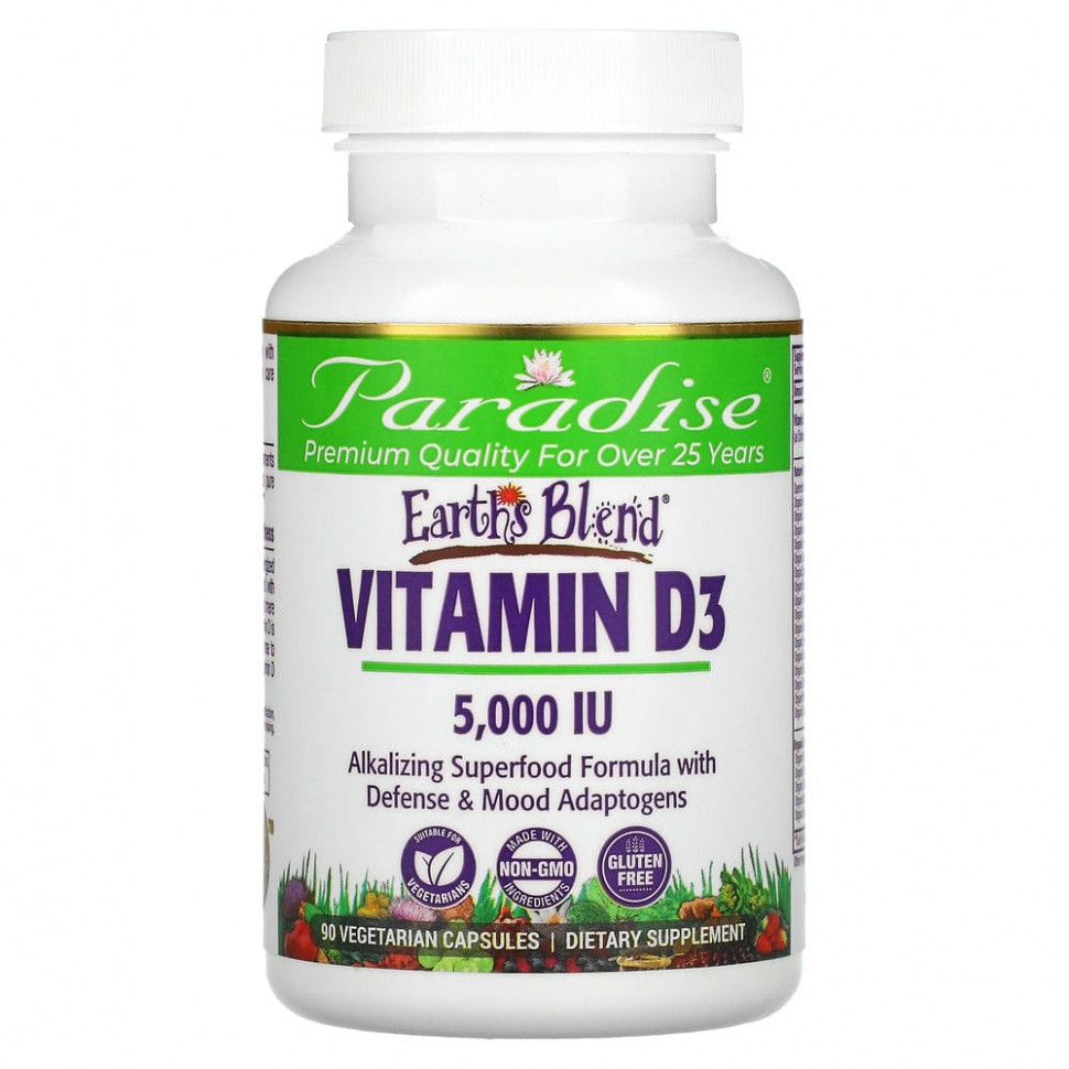Paradise Herbs, Earths Blend, витамин D3, 5000 МЕ, 90 вегетарианских капсул Парадайз Хербс PAR-77868