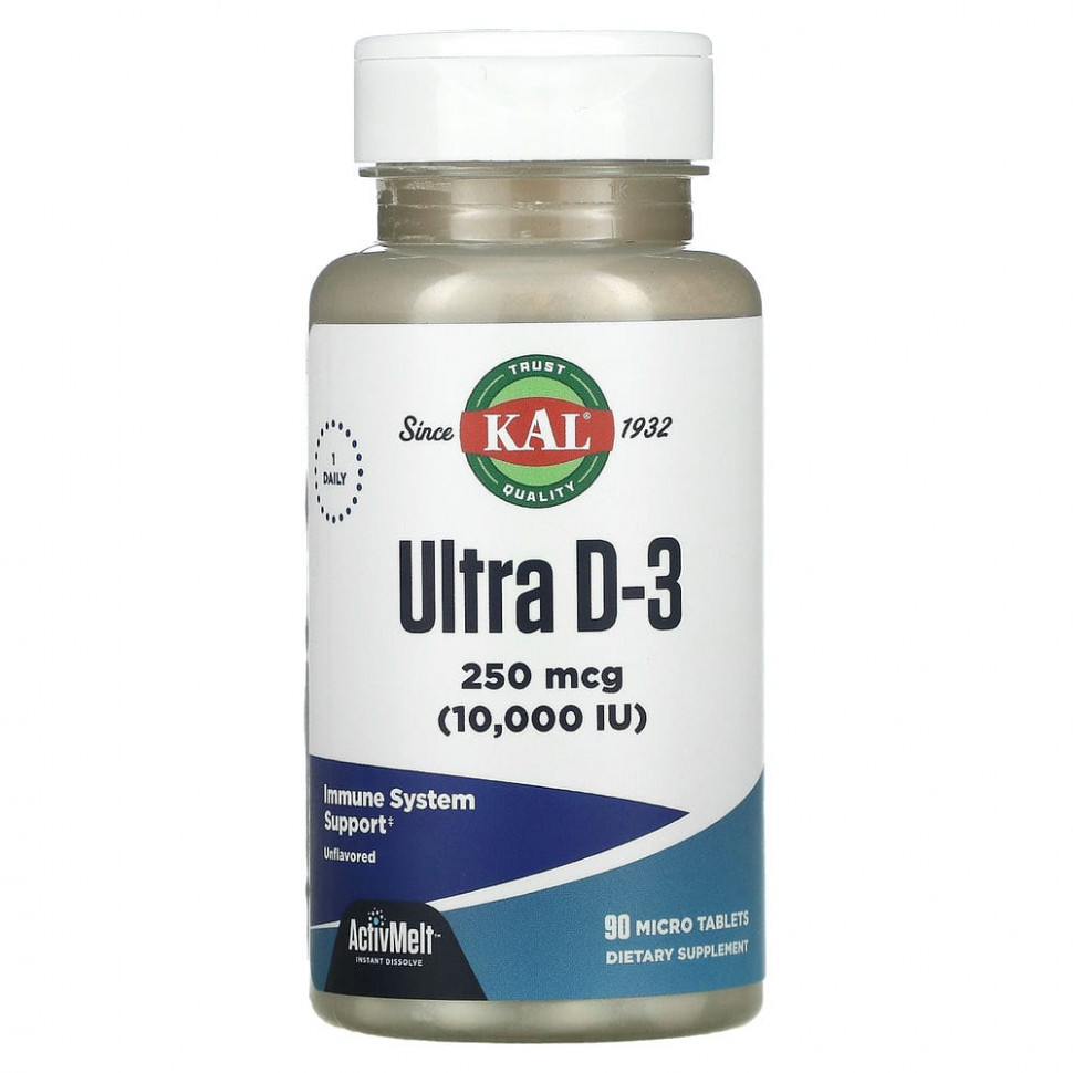 KAL, Ultra D-3, витамин D3, с нейтральным вкусом, 250 мкг (10 000 МЕ), 90 мини-таблеток КАЛ CAL-29261