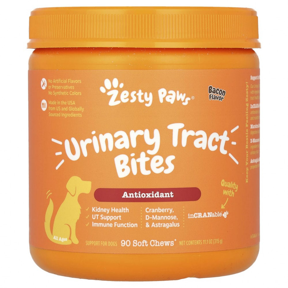Zesty Paws, Cranberry Bladder Bites, добавка для собак с ароматизатором «Бекон», 90 мягких жевательных таблеток Зэсти Раус ZTP-00842