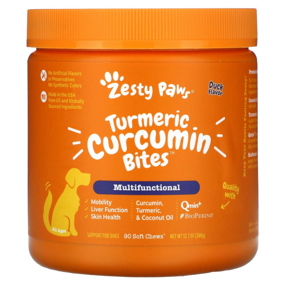 Zesty Paws, Куркума, куркумин для собак, для всех возрастов, утиный вкус, 90 жевательных таблеток Зэсти Раус ZTP-00710