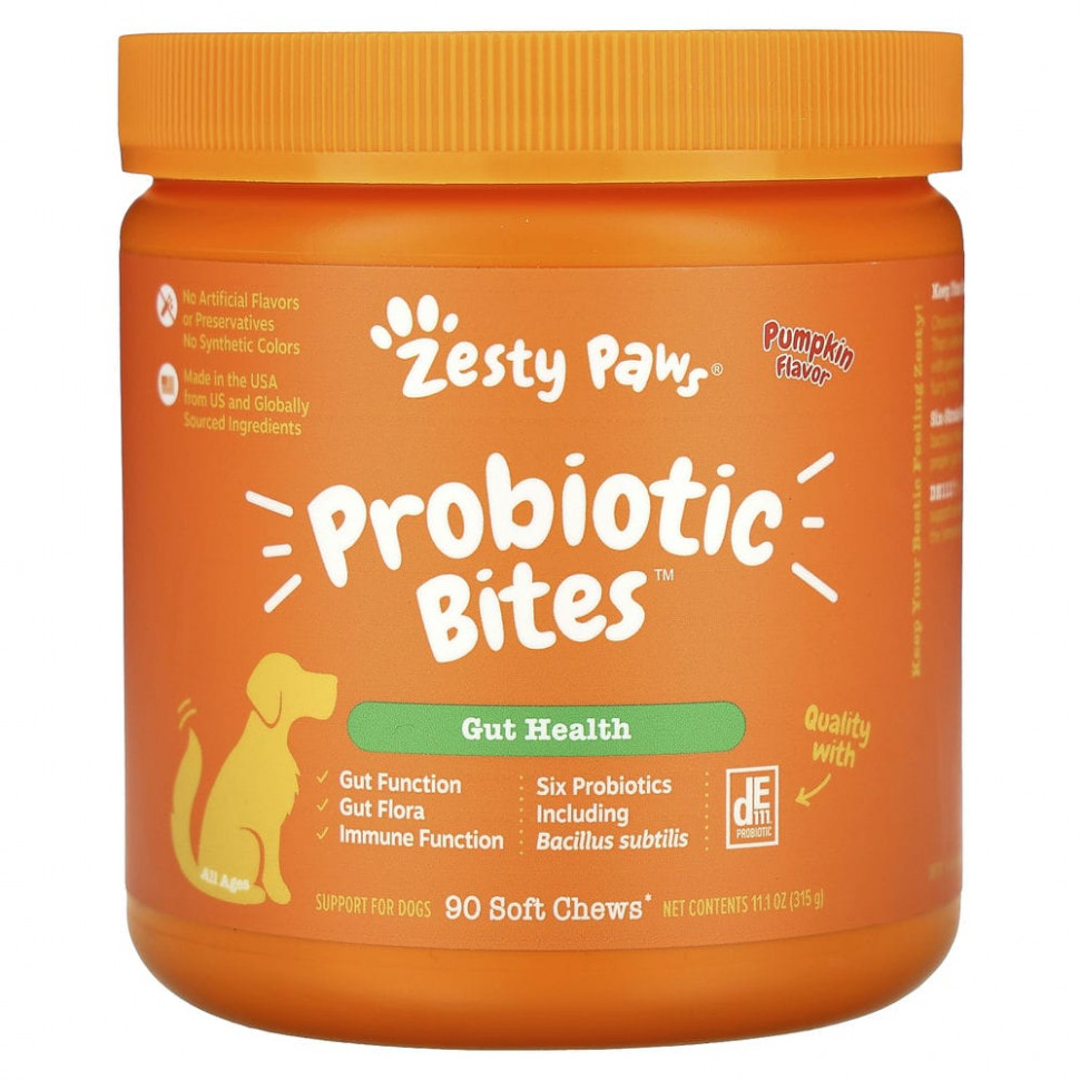 Zesty Paws, Probiotic Bites, добавка для собак с пробиотиками, для пищеварения, для любого возраста, со вкусом тыквы, 90 мягких жевательных таблеток Зэсти Раус ZTP-00708