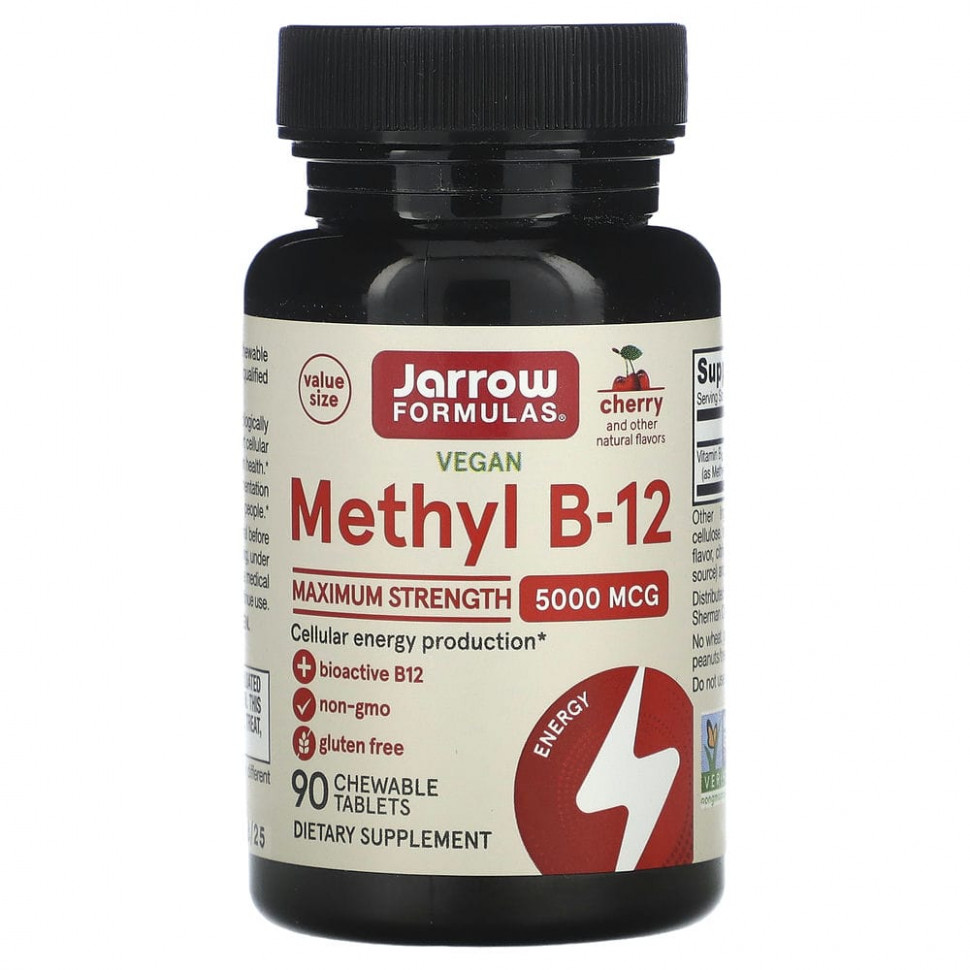 Jarrow Formulas, Метил B-12, вишня, 5000 мкг, 90 жевательных таблеток джэрроу формулас JRW-18028