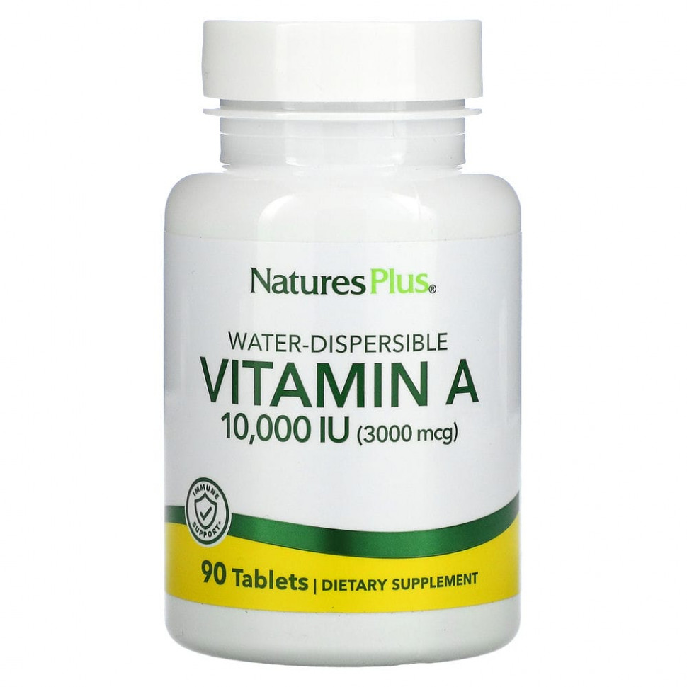 NaturesPlus, водно-диспергируемый витамин А, 10 000 МЕ (3 000 мкг), 90 таблеток Натурес Плюс NAP-00981
