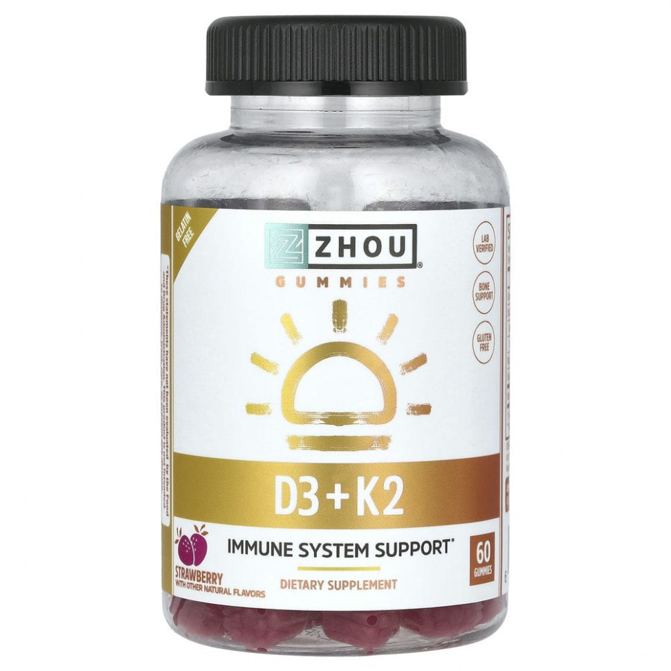 Zhou Nutrition, K2 + D3, клубника, 60 жевательных таблеток ZHO-37017