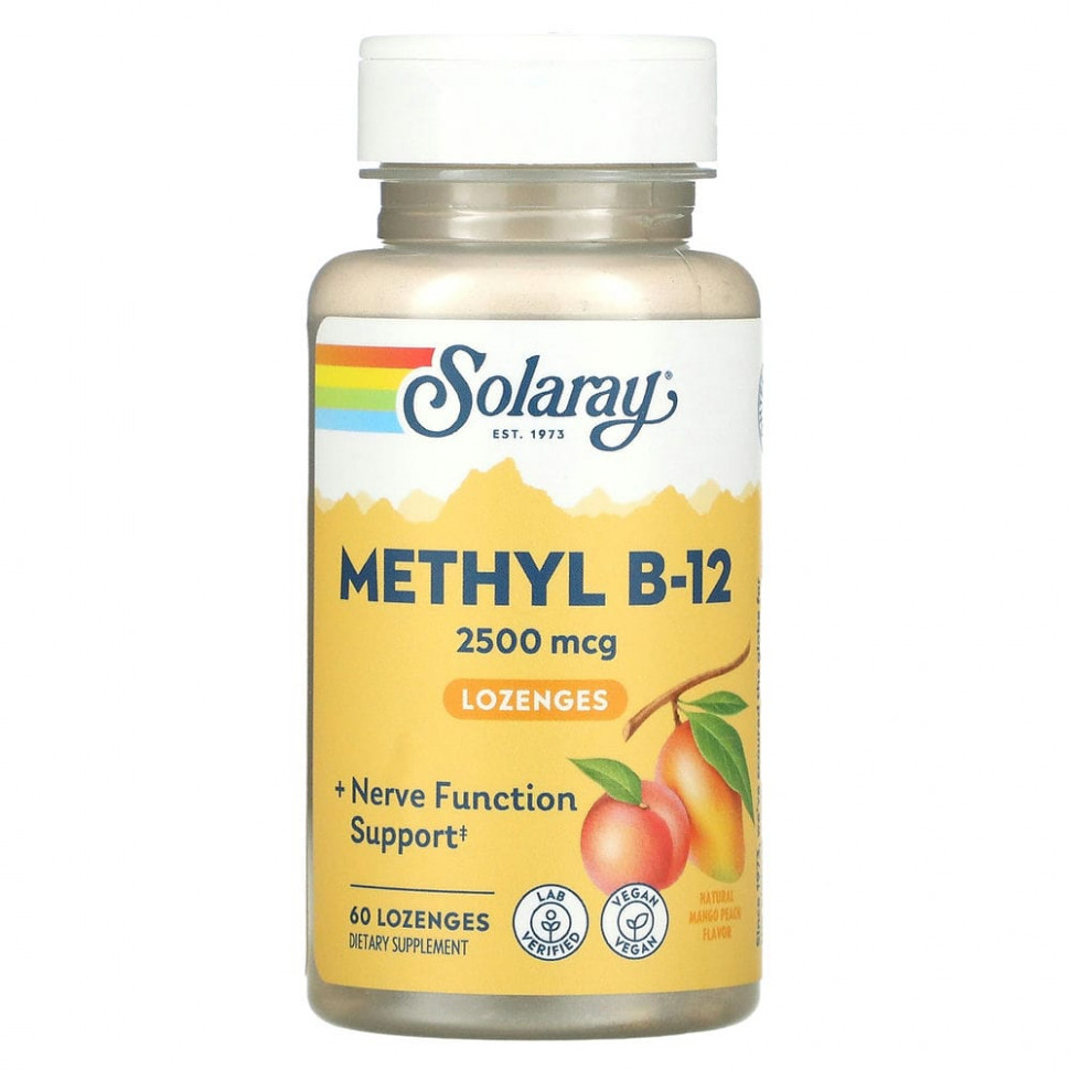 Solaray, высокоэффективный метил B12, натуральные манго и персик, 2500 мкг, 60 леденцов Соларай SOR-32183