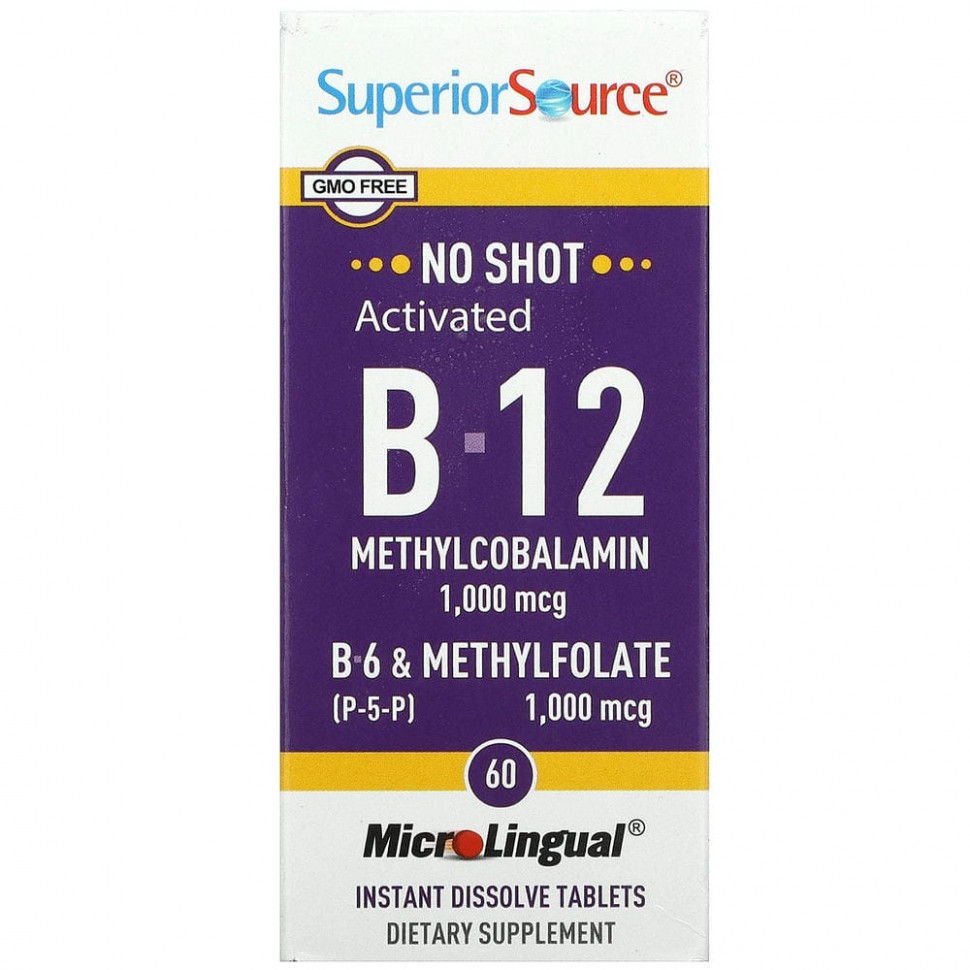Superior Source, активированный витамин B12 (метилкобаламин), витамин B6 (P-5-P) и метилфолат, 60 быстрорастворимых таблеток MicroLingual Супер Сорс SPS-90470