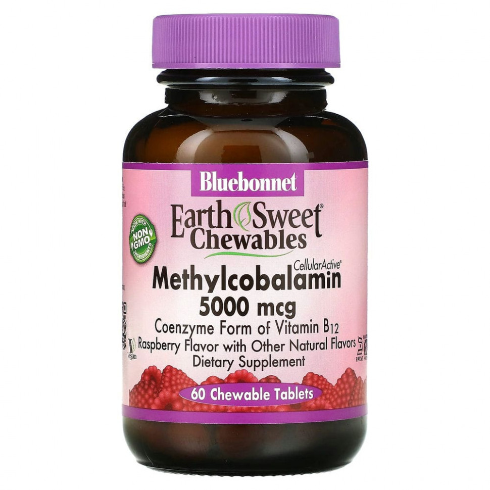 Bluebonnet Nutrition, EarthSweet, жевательные таблетки CellularActive, метилкобаламин, малиновый вкус, 5000 мкг, 60 жевательных таблеток Блубоннэт Нутришен BLB-00443