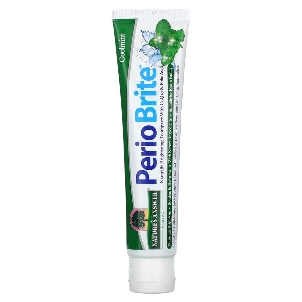 Nature's Answer, PerioBrite, натуральная осветляющая зубная паста с коэнзимом Q10 и фолиевой кислотой, холодящая мята, 113,4 г (4 унции) Натурес Ансвер NTA-01640