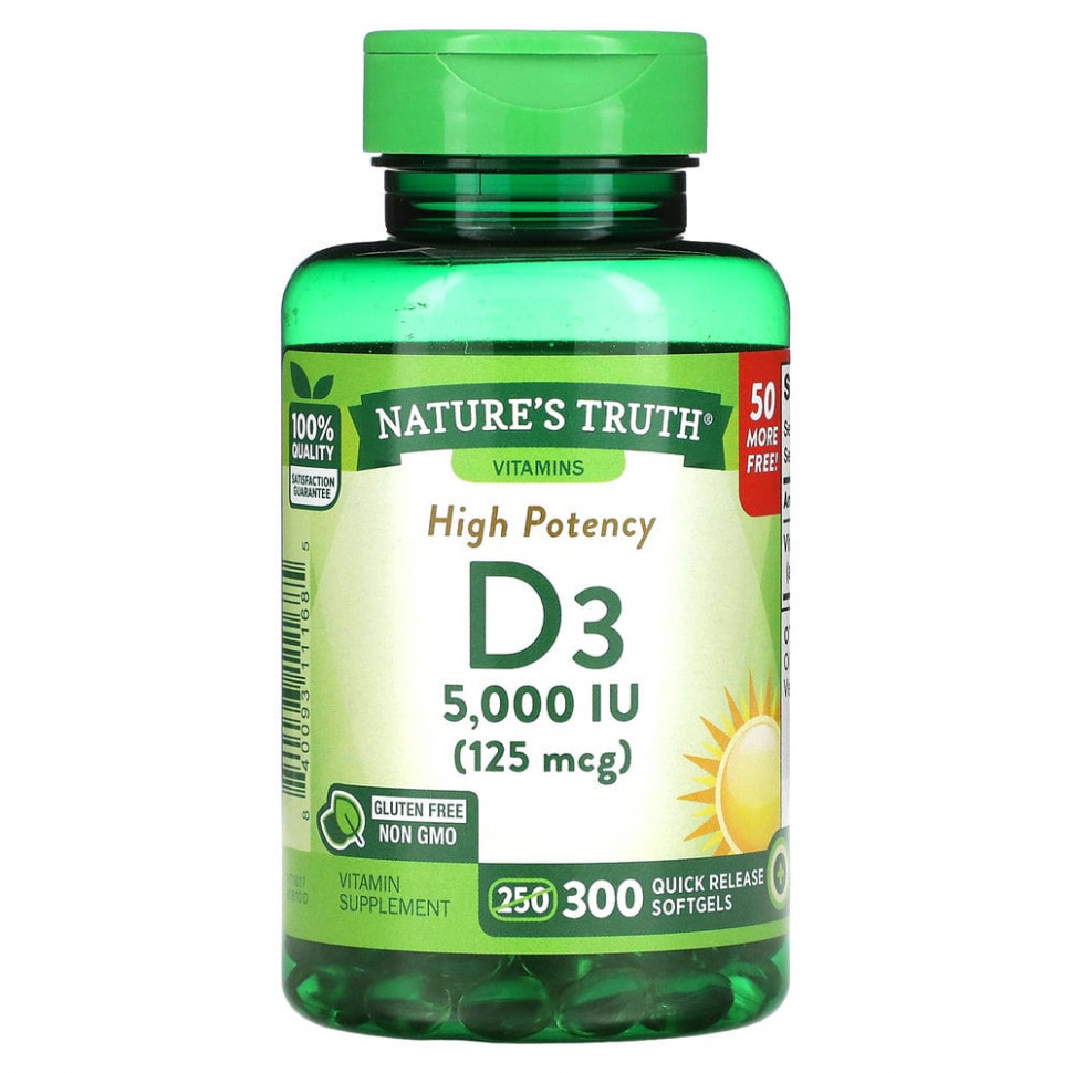Nature's Truth, Высокоэффективный витамин D3, 125 мкг (5000 МЕ), 300 капсул быстрого высвобождения Нэйчерс Трус NTH-11168