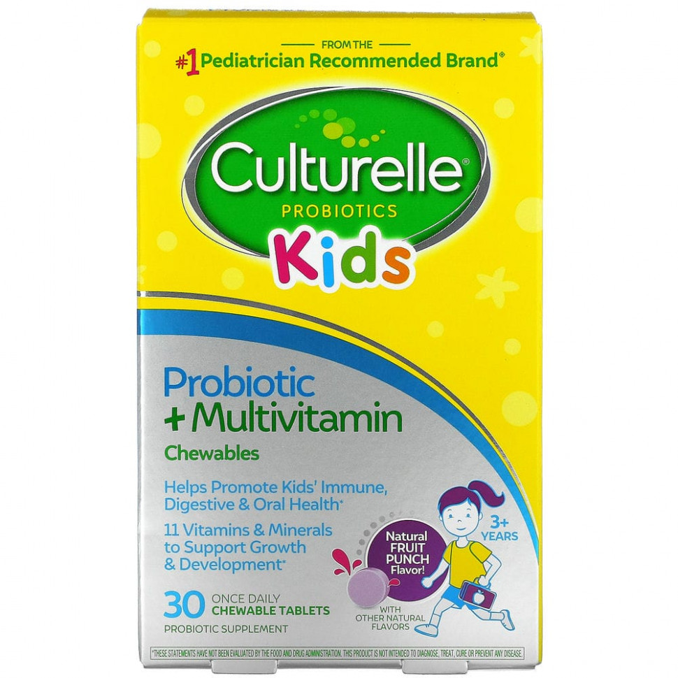 Culturelle, Для детей, жевательные таблетки с пробиотиками и мультивитаминами, для детей от 3 лет, натуральный фруктовый пунш, 30 жевательных таблеток Калчурэл CTL-40076