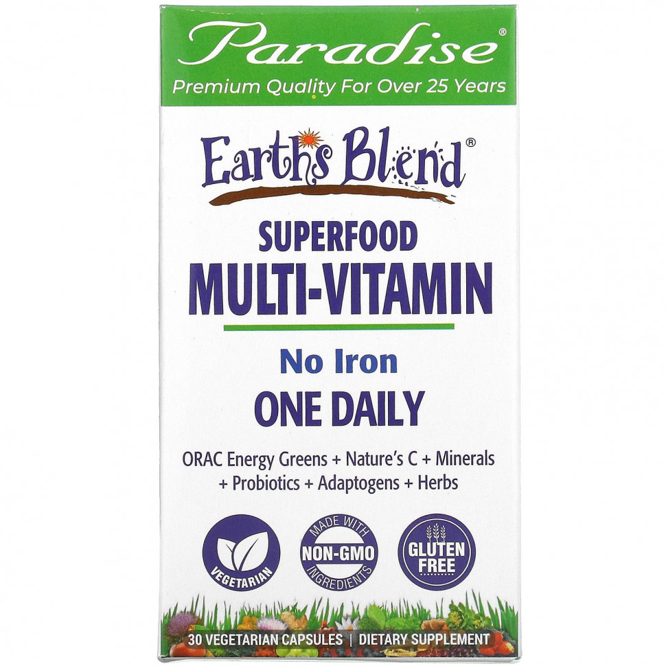 Paradise Herbs, Earth's Blend, ежедневные мультивитамины из суперпродуктов, без железа, 30 вегетарианских капсул Парадайз Хербс PAR-77826