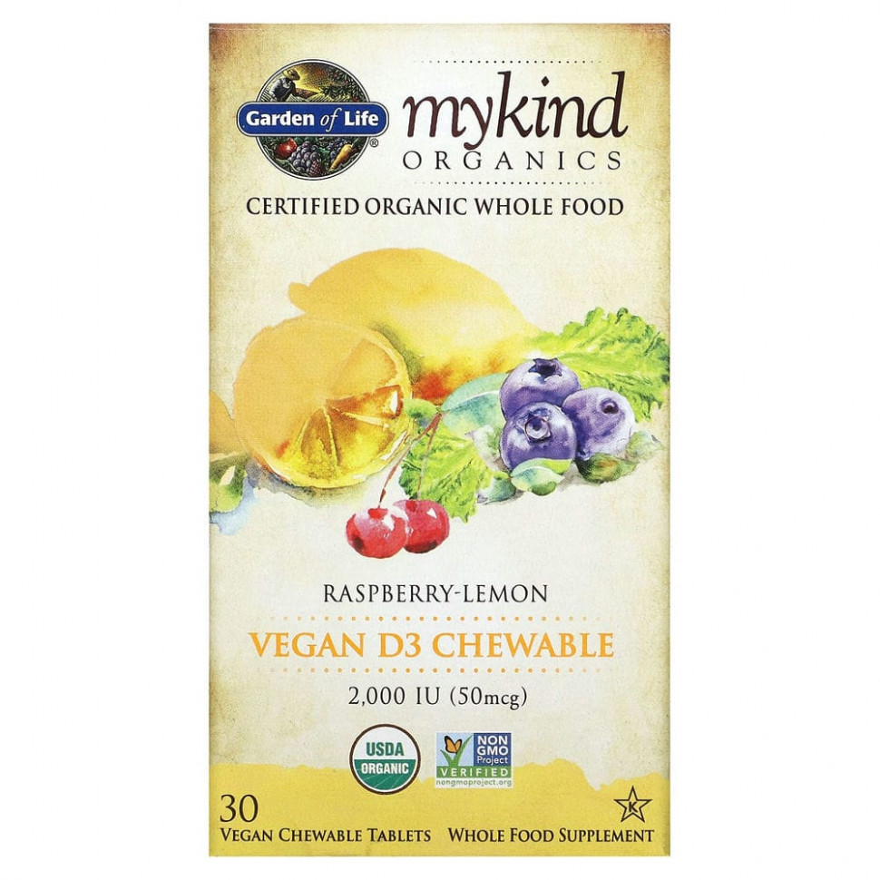 Garden of Life, MyKind Organics, веганский витамин D3, со вкусом малины и лимона, 2000 МЕ, 30 вегетарианских жевательных таблеток Гарден оф Лайф GOL-11861