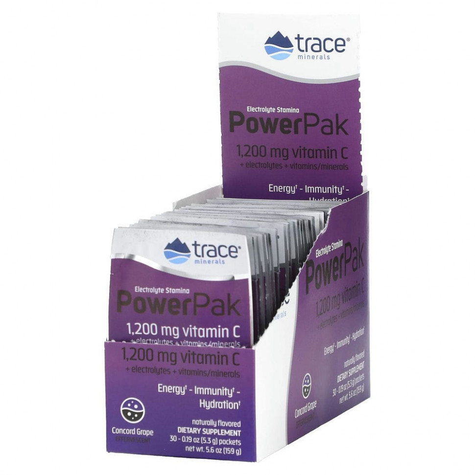 Trace Minerals ®, Electrolyte Stamina PowerPak, виноград Конкорд, 30 пакетиков. 5,3 г (0,19 унции) каждый Трасе Минералс Ресерч TMR-00113