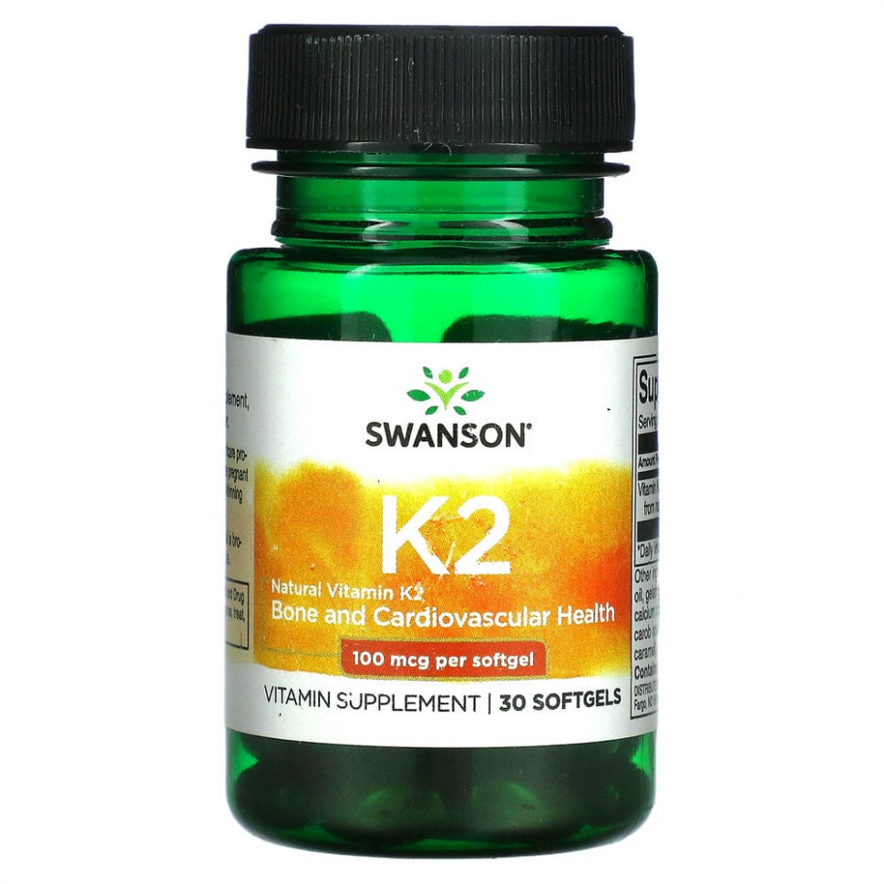 Swanson, Натуральный витамин K2, 100 мкг, 30 мягких таблеток SWV-02672