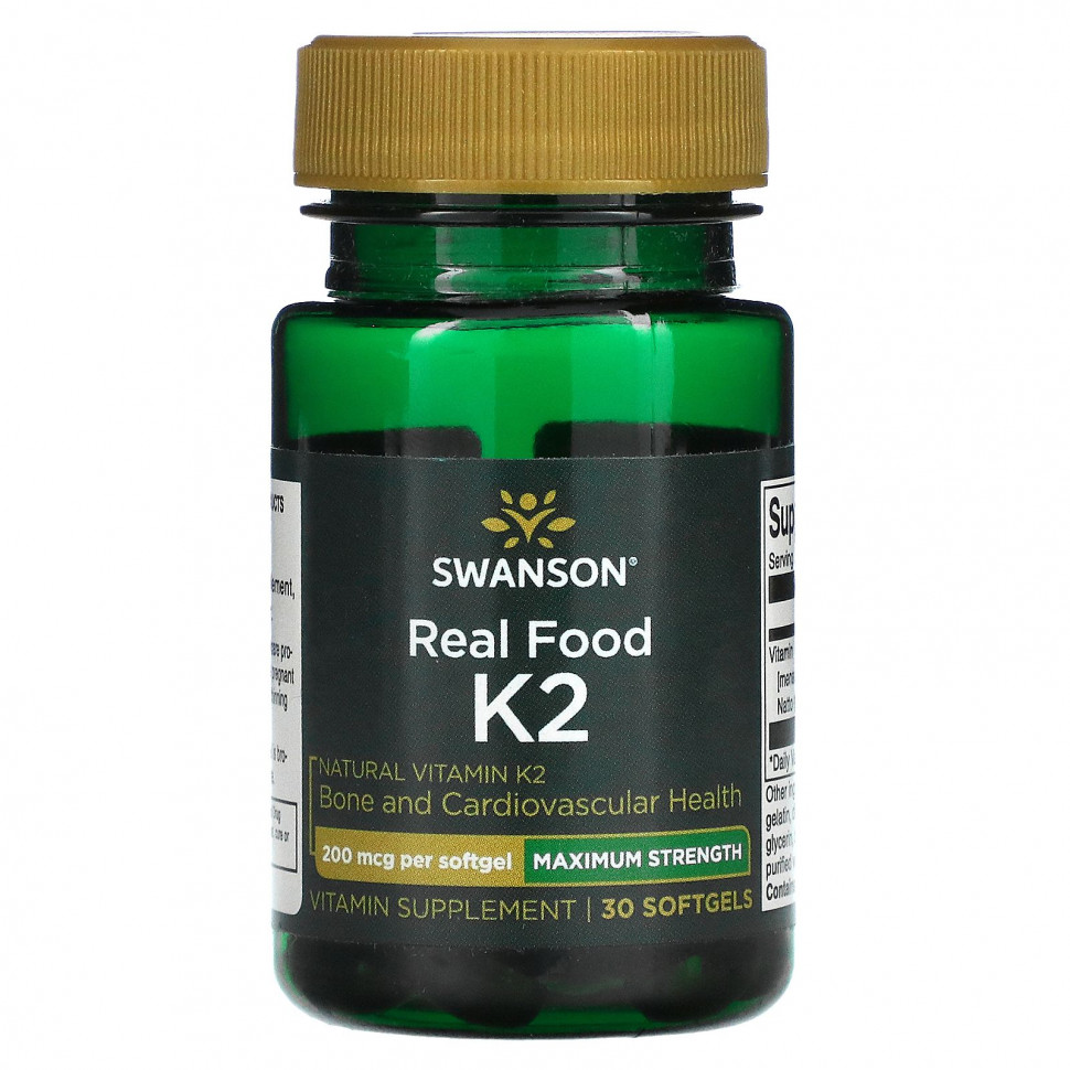 Swanson, Maximum Strength, Real Food K2, 200 мкг, 30 мягких таблеток SWV-02906