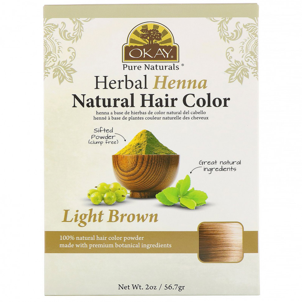 Okay Pure Naturals, Натуральная краска для волос из травяной хны, светло-коричневый, 56,7 г (2 унции) OKA-01806