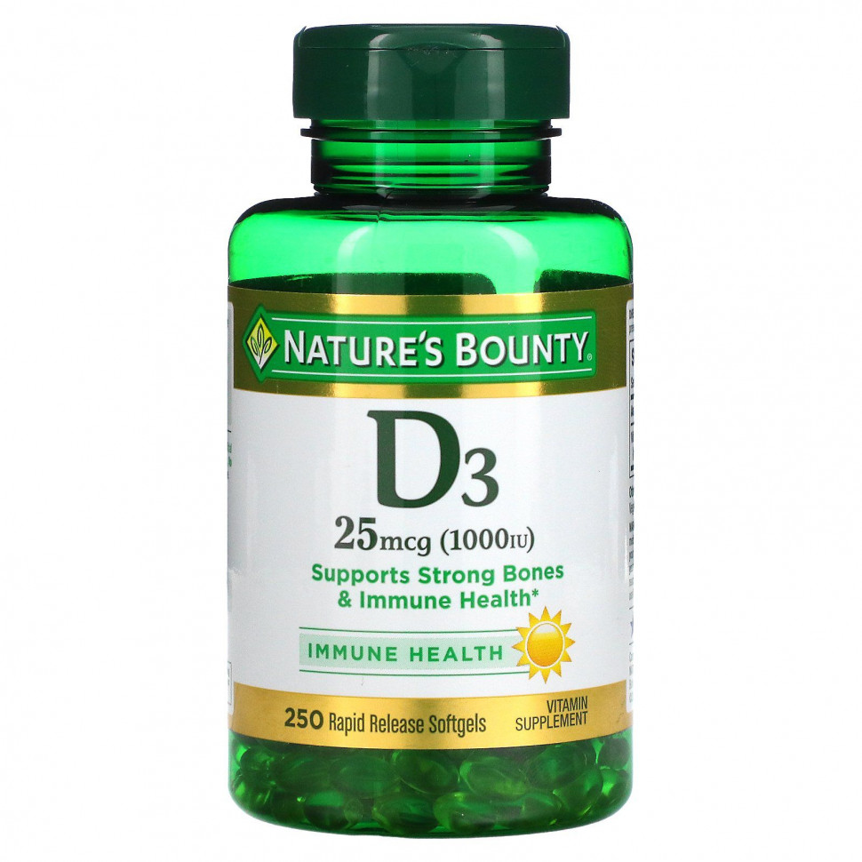 Nature's Bounty, D3, 25 мкг (1000 МЕ), 250 мягких таблеток ускоренного высвобождения Натурес Баунти NRT-15606