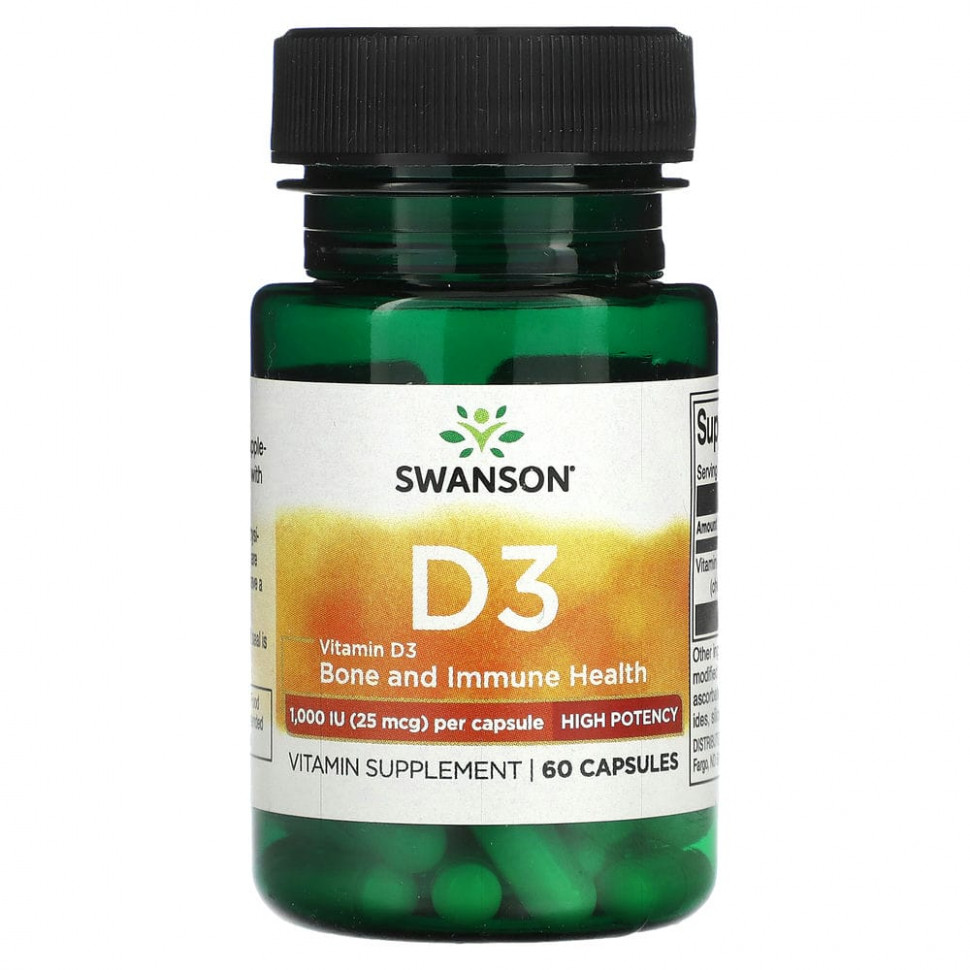 Swanson, Витамин D3, 25 мкг (1000 МЕ), 60 капсул SWV-11510