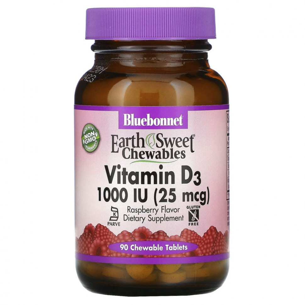 Bluebonnet Nutrition, EarthSweet Chewables, витамин D3, со вкусом малины, 25 мкг (1000 МЕ), 90 жевательных таблеток Блубоннэт Нутришен BLB-00362