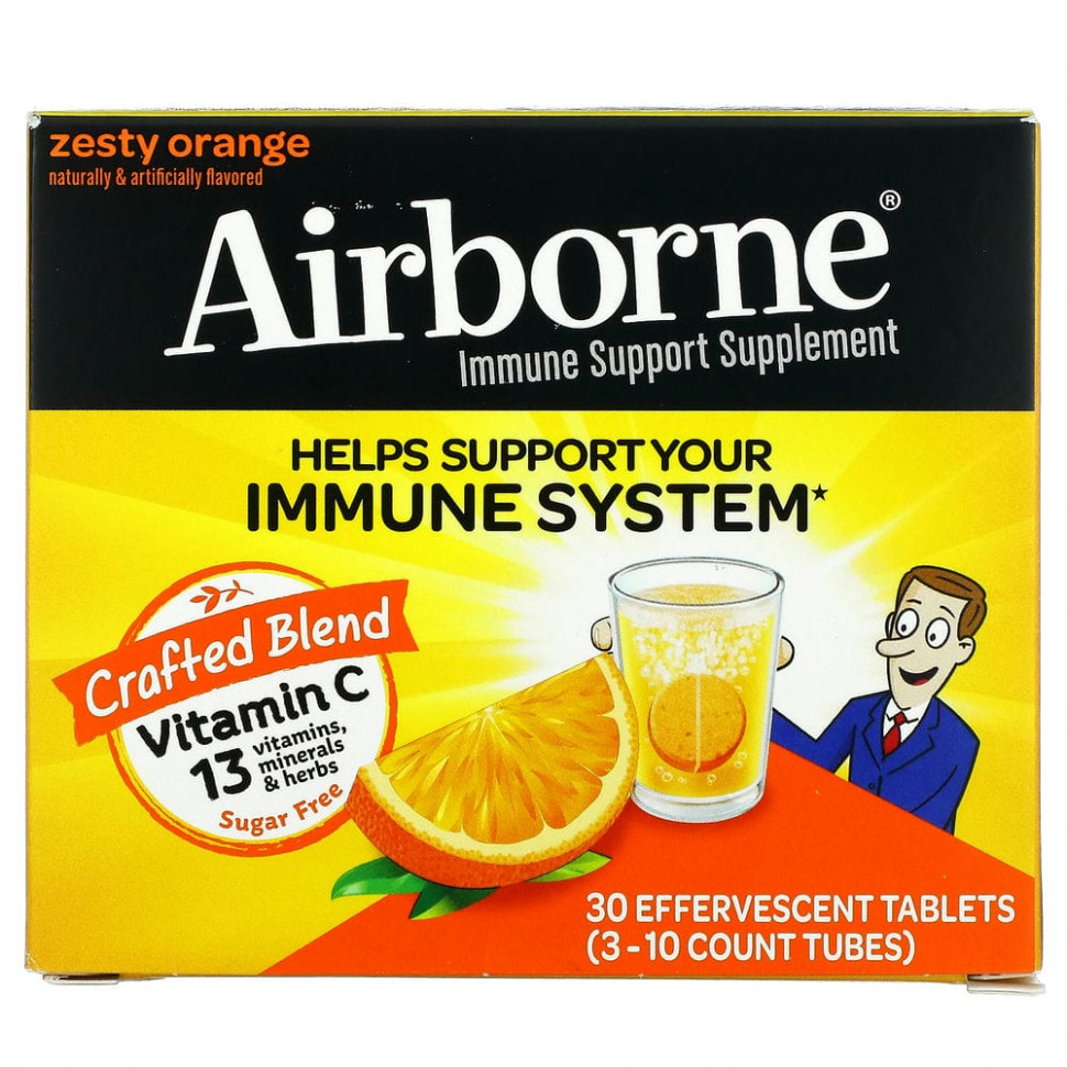 AirBorne, добавка для поддержки иммунной системы, со вкусом апельсина, 3 пробирки, по 10 шипучих таблеток ЭйрБорн AIB-10030
