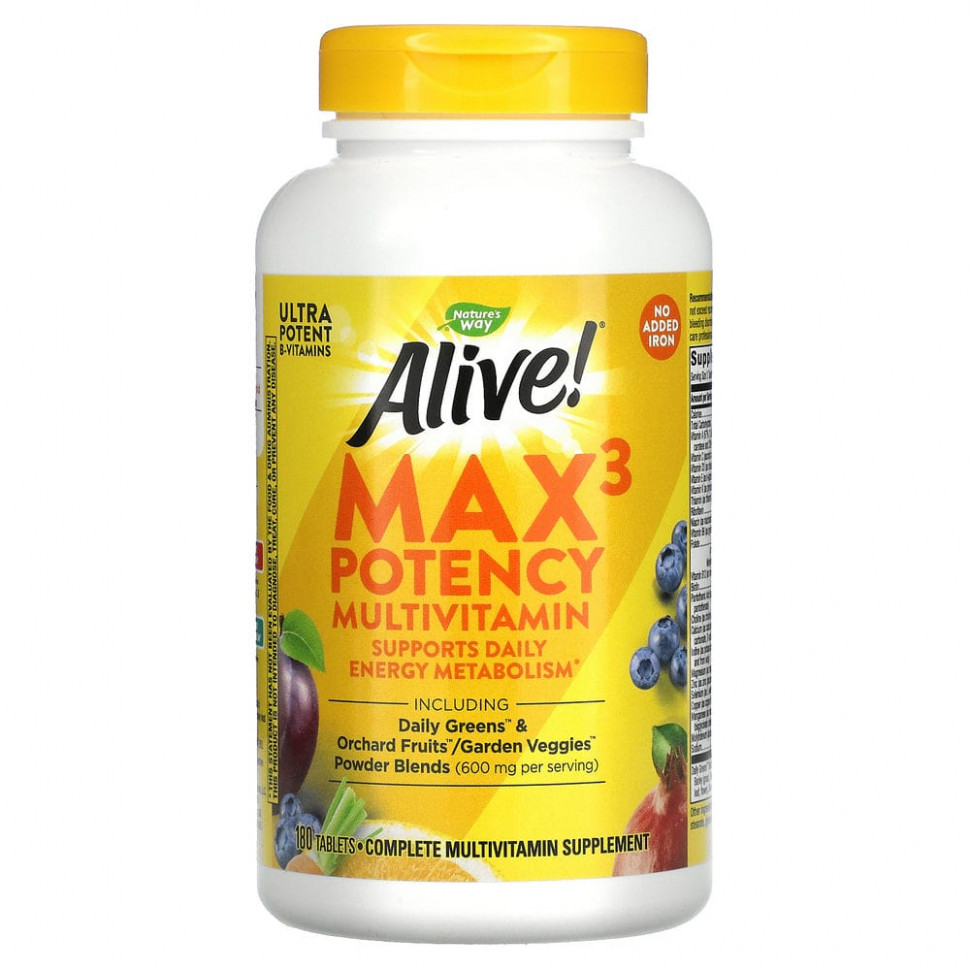 Nature's Way, Alive! Max3 Potency, мультивитамины повышенной эффективности, без добавления железа, 180 таблеток Натурес Вэй NWY-14932