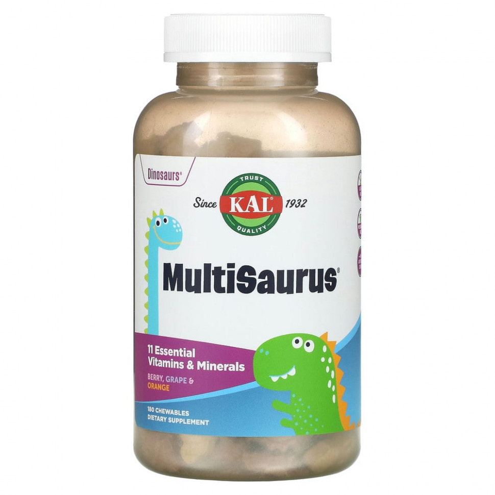 KAL, Dinosaurs, MultiSaurus, витамины и минералы, со вкусом ягод, винограда и апельсина, 180 жевательных таблеток КАЛ CAL-13463