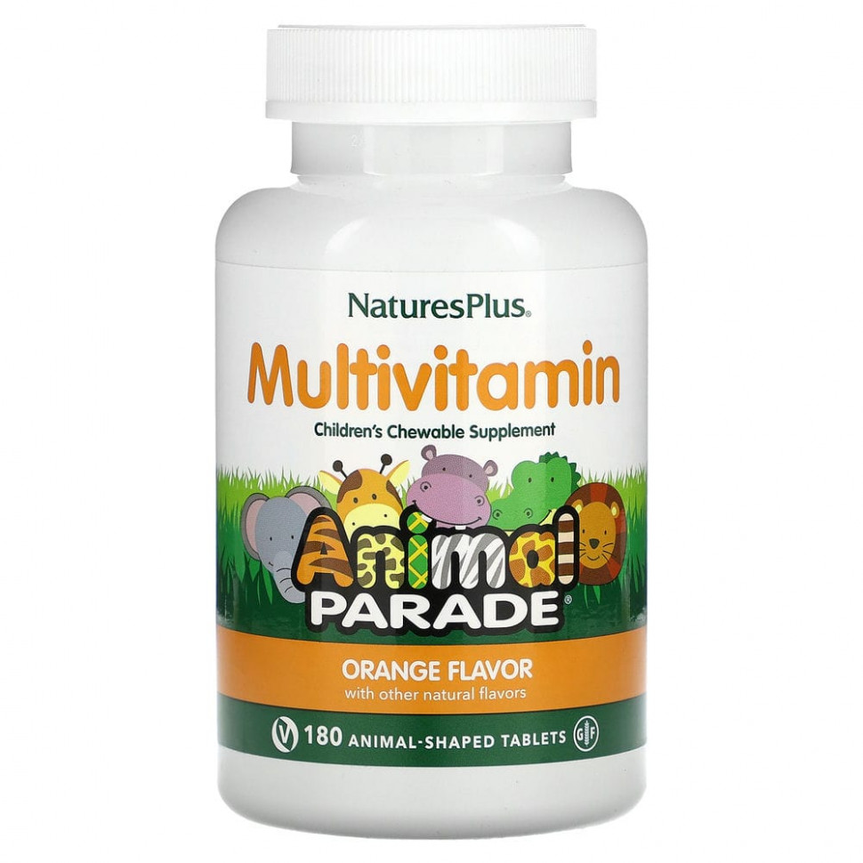 NaturesPlus, Source of Life, Animal Parade, детская жевательная добавка с мультивитаминами и микроэлементами, натуральный апельсин, 180 жевательных таблеток в виде фигурок животных Натурес Плюс NAP-29975