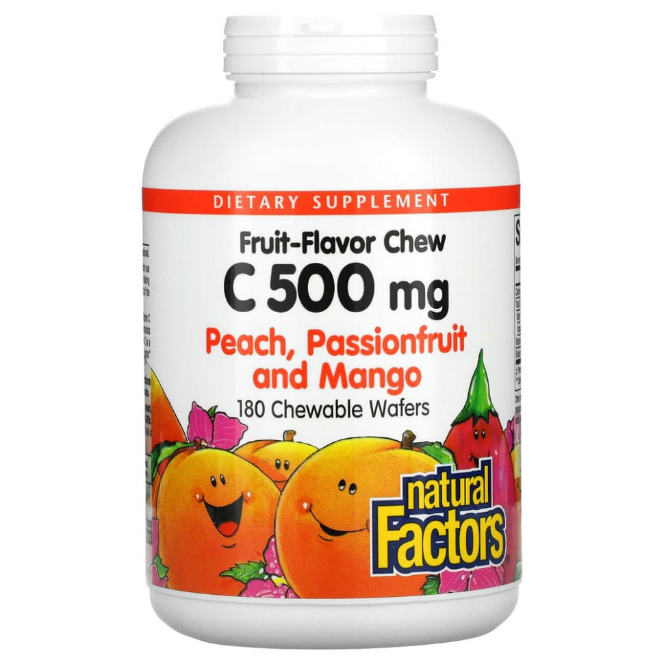 Natural Factors, витамин C в жевательной форме, со вкусом персика, маракуйи и манго, 500 мг, 180 жевательных конфет NFS-01325
