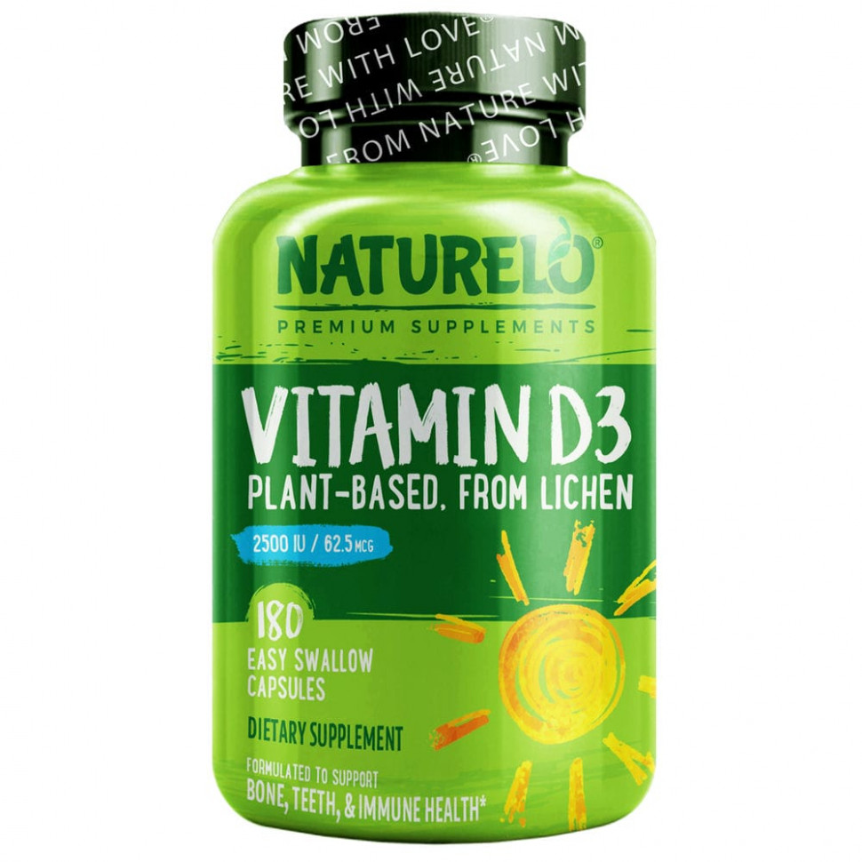 NATURELO, Витамин D3, растительного происхождения из лишайника, 62,5 мкг (2500 МЕ), 180 капсул для легкого проглатывания NAU-62828
