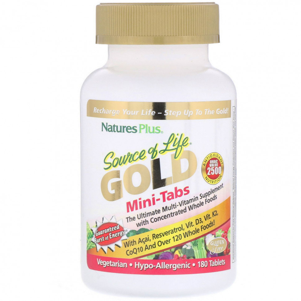 NaturesPlus, Source of Life, Gold, мини-таблетки, мощная мультивитаминная добавка, 180 таблеток Натурес Плюс NAP-30714