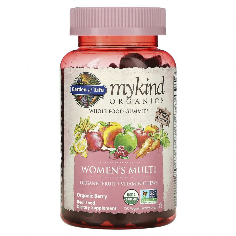 Garden of Life, MyKind Organics, мультивитамины для женщин, органические ягоды, 120 веганских жевательных таблеток Гарден оф Лайф GOL-12032