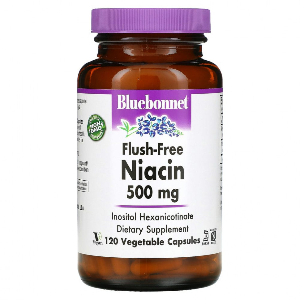 Bluebonnet Nutrition, Ниацин, не вызывающий смывания, 500 мг, 120 растительных капсул Блубоннэт Нутришен BLB-00464