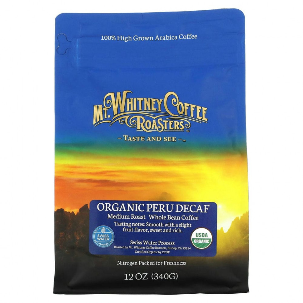 Mt. Whitney Coffee Roasters, органический кофе из Перу без кофеина, средней обжарки, зерновой, 340 г (12 унций) Мт Уитни Коффее Роастерс MWC-00423