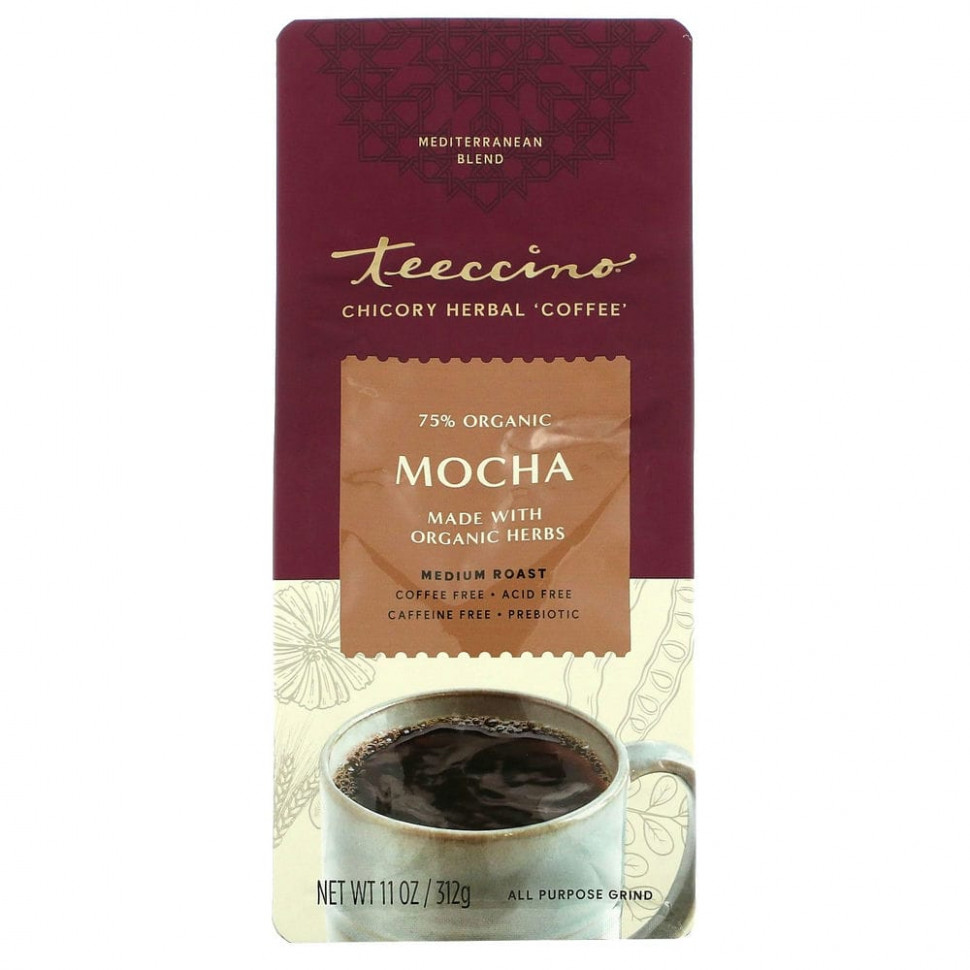 Teeccino, травяной кофе из цикория, мокка, средней прожарки, без кофеина, 312 г (11 унций) Теессино TEE-80080