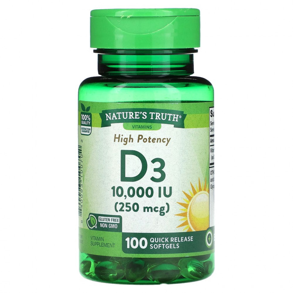 Nature's Truth, Vitamin D3, High Potency, 250 mcg (10,000 IU), 100 Quick Release Softgels Нэйчерс Трус NTH-10070