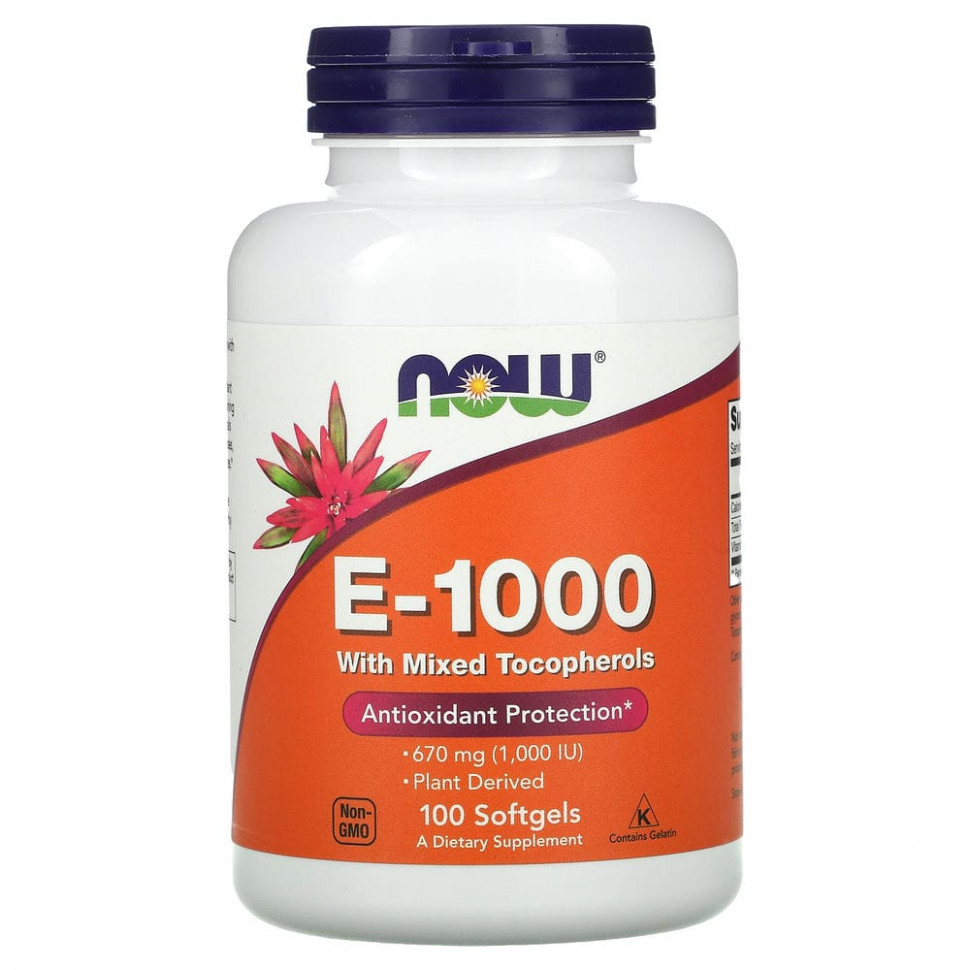 NOW Foods, E-1000, витамин E со смешанными токоферолами, 670 мг (1000 МЕ), 100 капсул NOW-00902