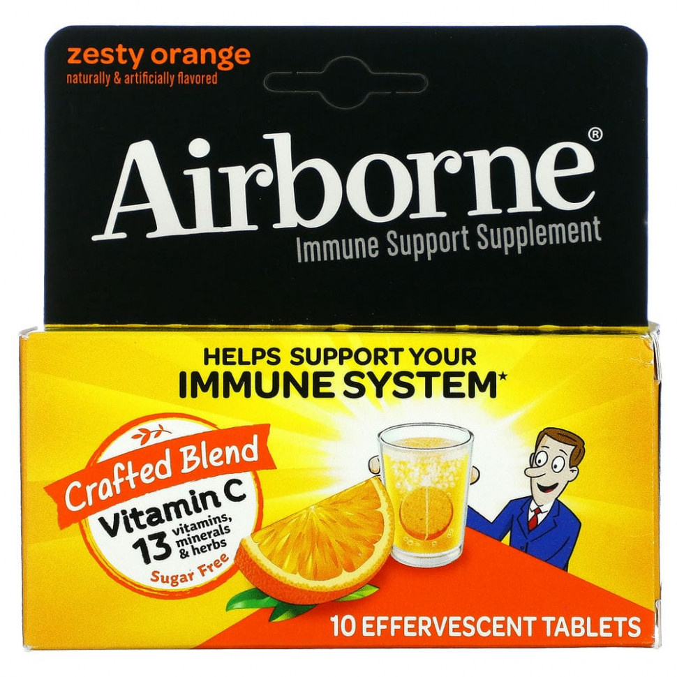 AirBorne, добавка для поддержки иммунной системы, со вкусом апельсина, 10 шипучих таблеток ЭйрБорн AIB-10001