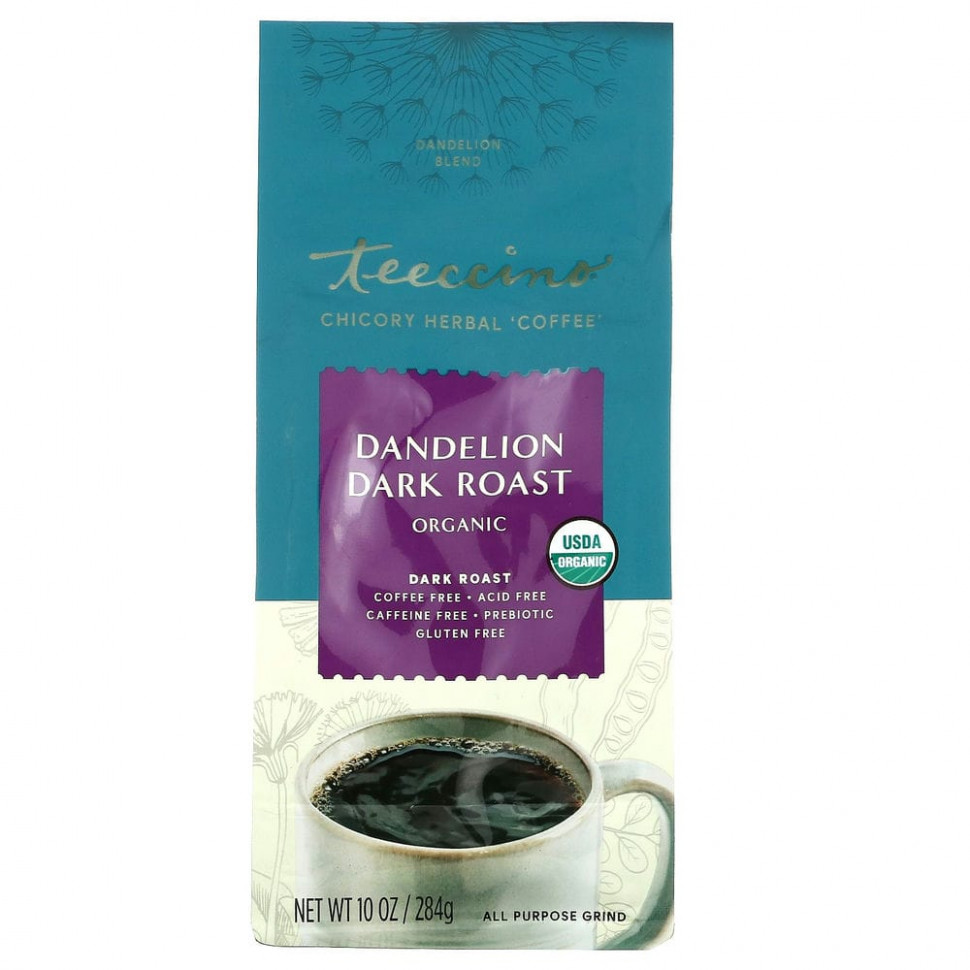 Teeccino, травяной кофе из цикория с одуванчиком, темная обжарка, без кофеина, 284 г (10 унции) Теессино TEE-83110