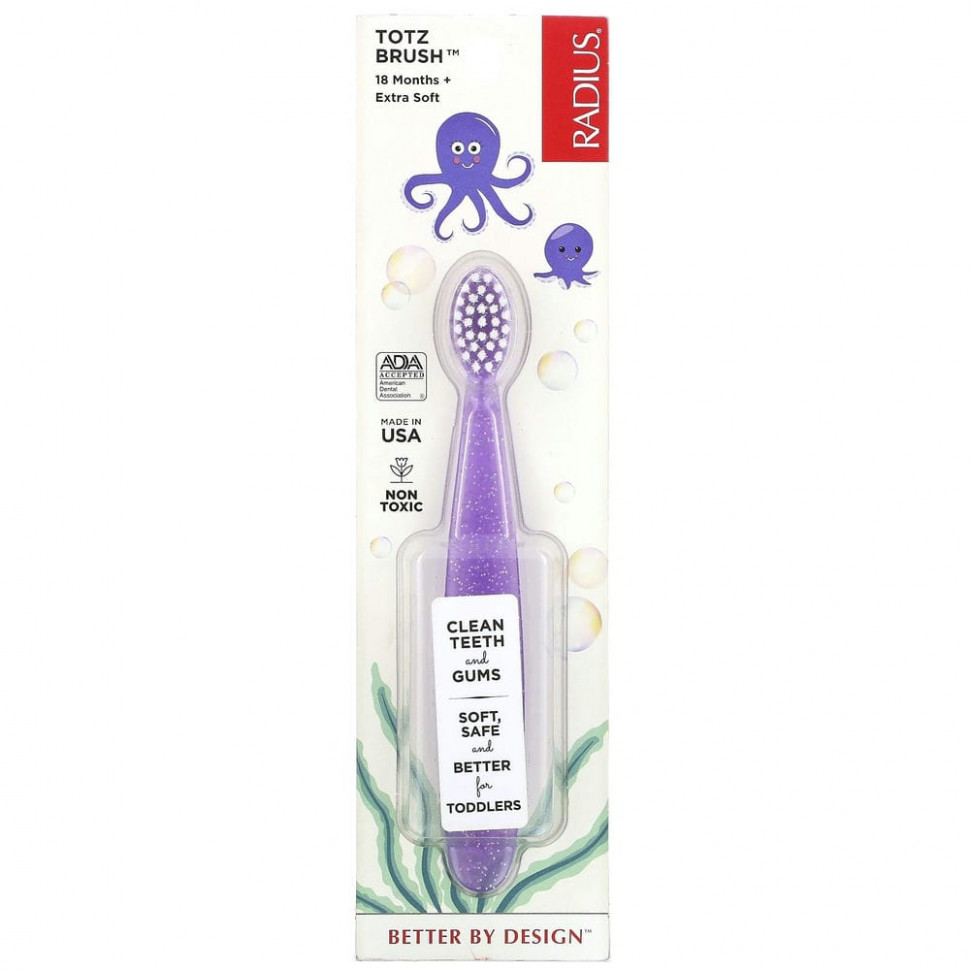 RADIUS, Totz Toothbrush, супермягкая зубная щетка, для малышей от 18 месяцев, лиловая с блестками, 1 шт. Радиус RAD-00304
