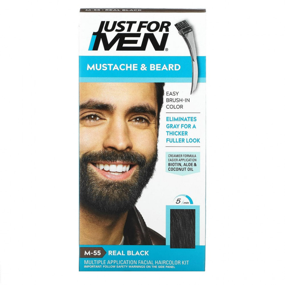 Just for Men, Гель для окрашивания усов и бороды Mustache & Beard, кисточка в комплекте, оттенок черный M-55, 2 шт. по 14 г JFM-04905