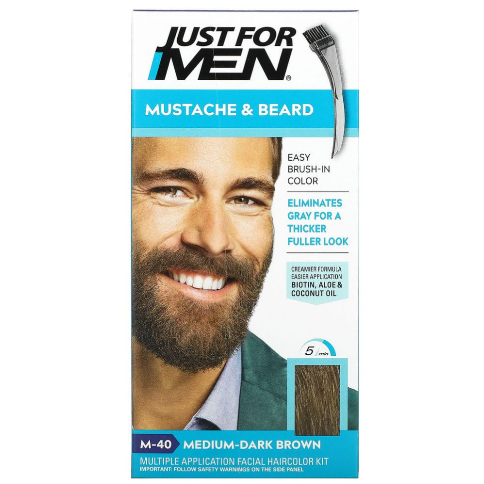 Just for Men, краска для усов и бороды, нанесение кисточкой, средний/темный коричневый М-40, 1 набор многократного применения JFM-04911