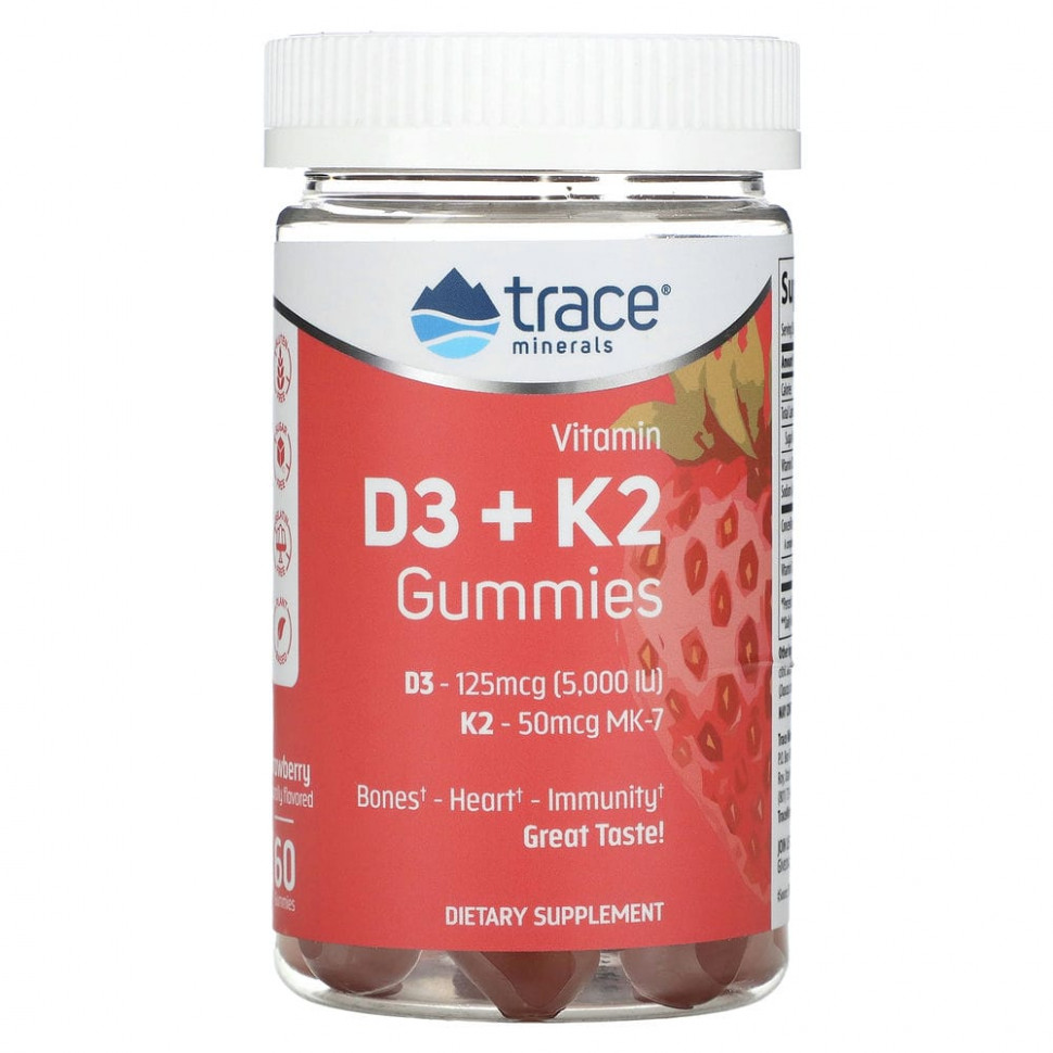 Trace Minerals ®, Жевательные мармеладки с витамином D3 и K2, с клубникой, 60 жевательных таблеток Trace Minerals Research TMR-00754