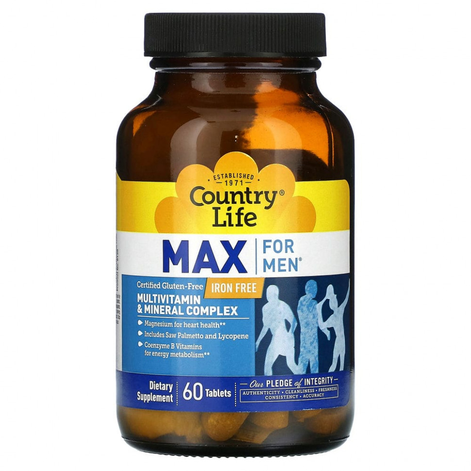 Country Life, Max for Men, мультивитаминный и минеральный комплекс, без железа, 60 таблеток CLF-08135