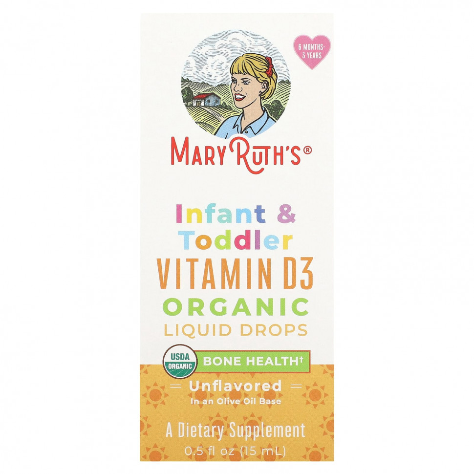 MaryRuth Organics, Органические жидкие капли с витамином D3 для младенцев и малышей, от 6 месяцев до 3 лет, без добавок, 15 мл (0,5 жидк. Унции) MRO-70068