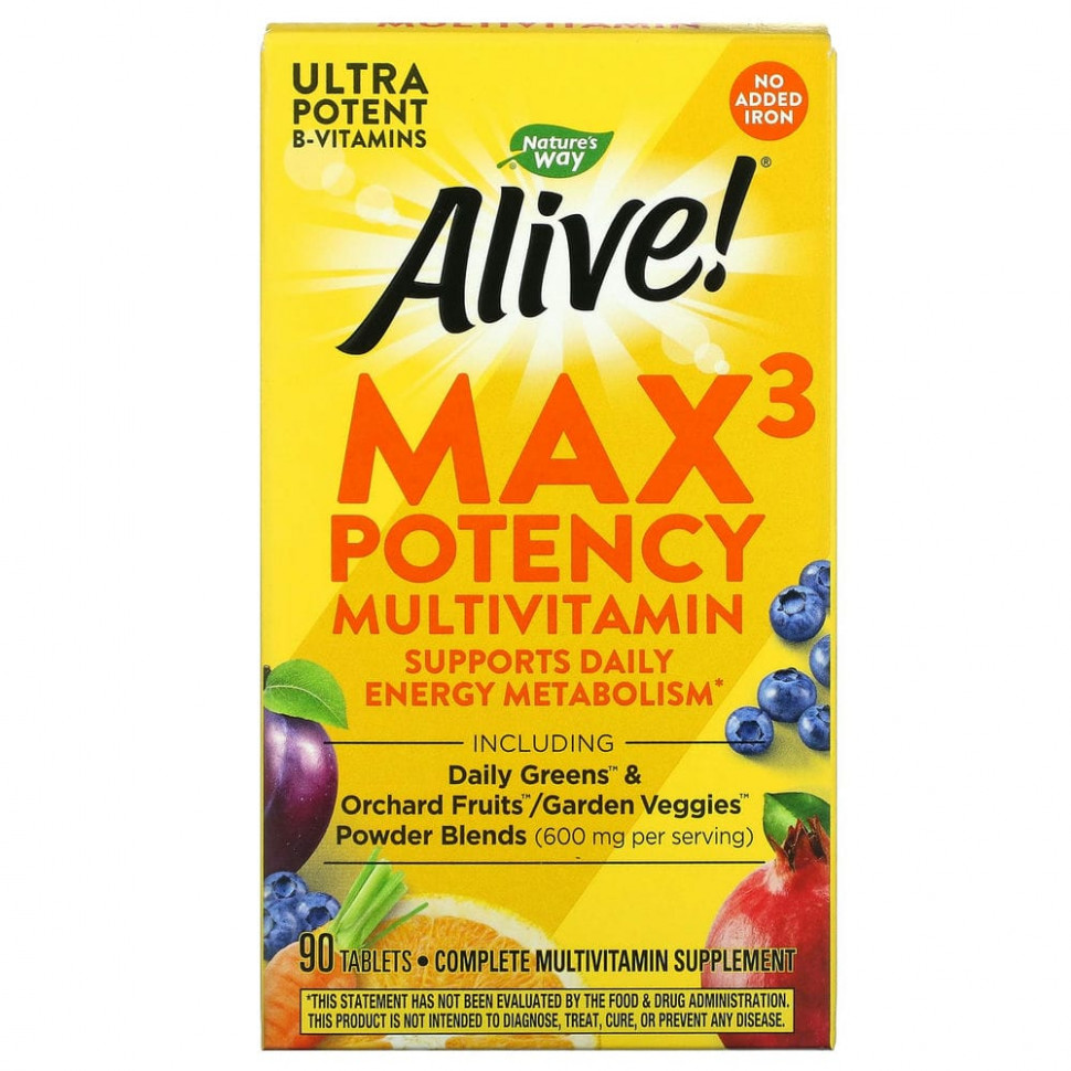 Nature's Way, Alive! Max3 Daily, мультивитаминный комплекс, без добавления железа, 90 таблеток Натурес Вэй NWY-14931