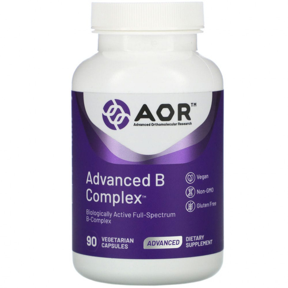 Advanced Orthomolecular Research AOR, Advanced B Complex, улучшенный комплекс витаминов группы В, 90 растительных капсул Эдвансд Ортомолекуляр Ресёрч AOR-08167